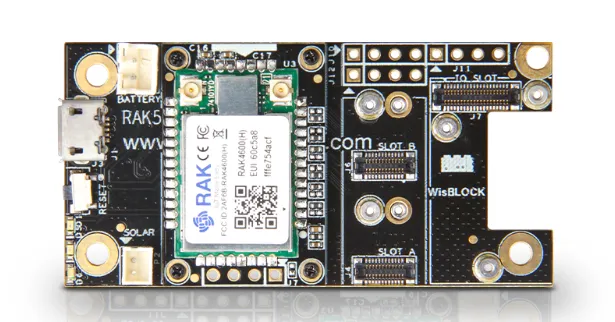 RAK4600 WisDuo LoRa evaluation board with a black PCB featuring a central white RAK module, USB-C port, gold mounting