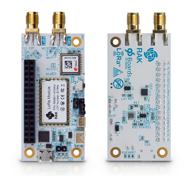 RAK Wireless RAK5205-1 SMA Tracker Board, показаны лицевая и обратная стороны платы с антеннами, разъемами и модулями GPS и