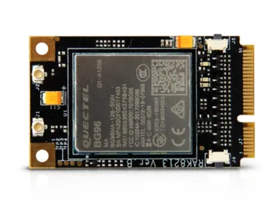 Модуль RAK8213 WisLink Cellular mPCIe с чипом Quectel BG96, антенными разъёмами и слотом SIM на чёрной плате. Модуль RAK8213 WisLink Cellular mPCIe с чипом Quectel BG96, антенными разъёмами и слотом SIM на чёрной плате.