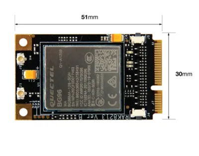 Модуль RAK8213 Ver B mPCIe с чипом Quectel BG96, антенными разъёмами и крепёжными отверстиями, вид сверху Модуль RAK8213 Ver B mPCIe с чипом Quectel BG96, антенными разъёмами и крепёжными отверстиями, вид сверху