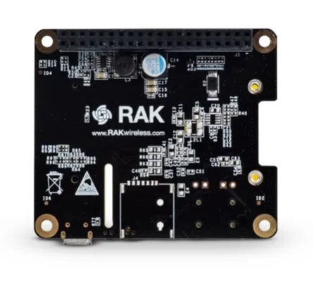 RAK Wireless RAK2247 Pi HAT LoRa WisHat mit schwarzer Leiterplatte, GPIO-Anschluss, USB-Port, blauer Kondensator, gelben RAK Wireless RAK2247 Pi HAT LoRa WisHat mit schwarzer Leiterplatte, GPIO-Anschluss, USB-Port, blauer Kondensator, gelben