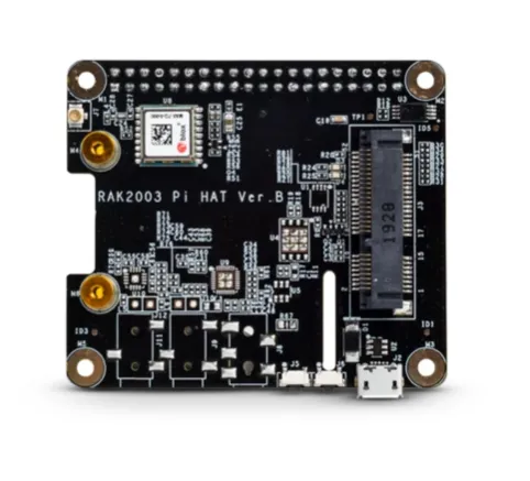 RAK2247 Pi HAT LoRa-Modul mit schwarzer Platine, SMA-Anschlüssen, GPIO-Pins und USB-C für Raspberry Pi. RAK2247 Pi HAT LoRa-Modul mit schwarzer Platine, SMA-Anschlüssen, GPIO-Pins und USB-C für Raspberry Pi.