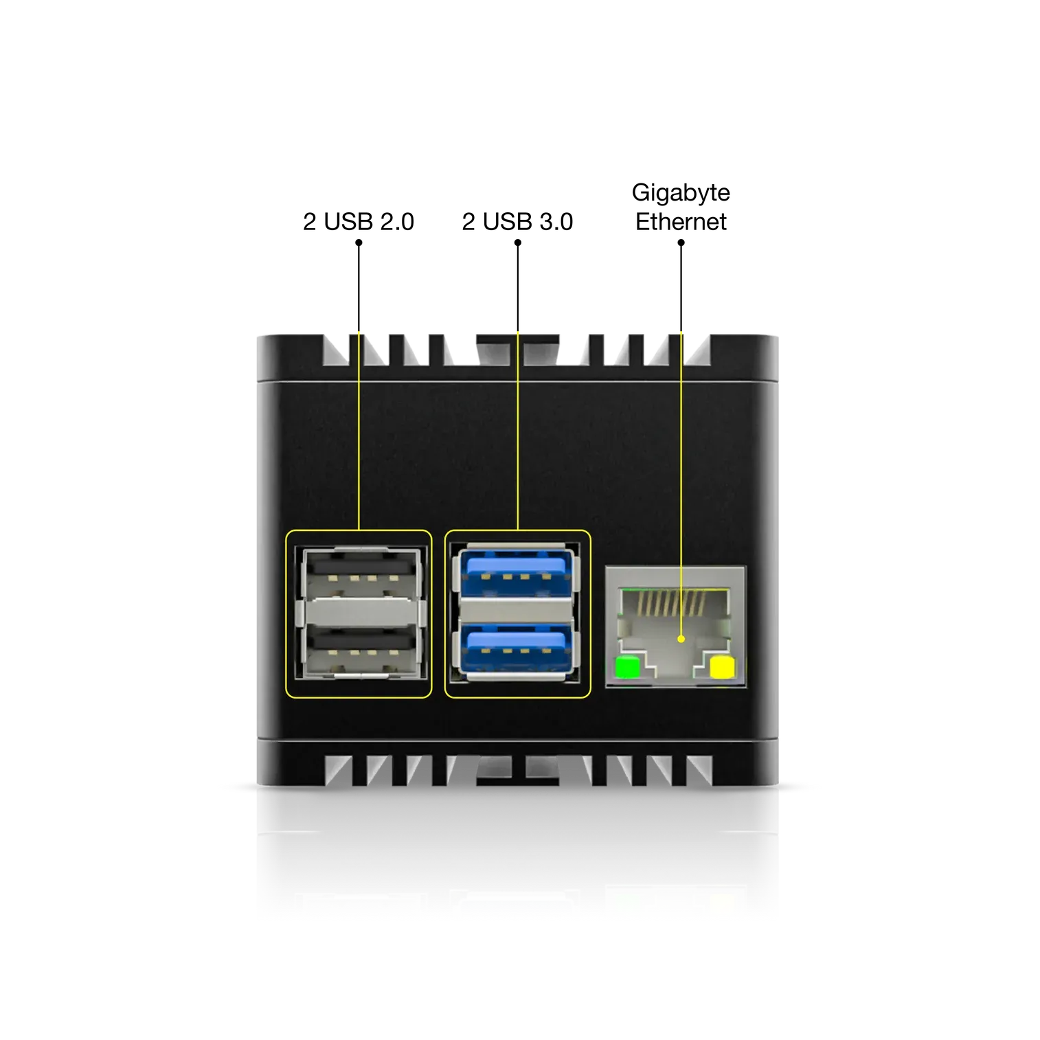 RAK7248C WisGate Developer D4H+ avec LTE, panneau arrière noir montrant ports USB 2.0, USB 3.0 et Ethernet Gigabit pour RAK7248C WisGate Developer D4H+ avec LTE, panneau arrière noir montrant ports USB 2.0, USB 3.0 et Ethernet Gigabit pour