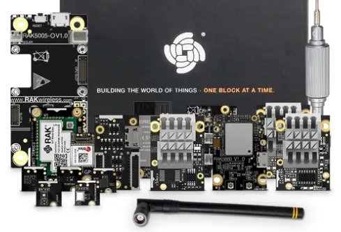 RAK Wireless WisBlock LoRa modular electronics kit with base board, connected circuit modules, antenna, and screwdriver for RAK Wireless WisBlock LoRa modular electronics kit with base board, connected circuit modules, antenna, and screwdriver for