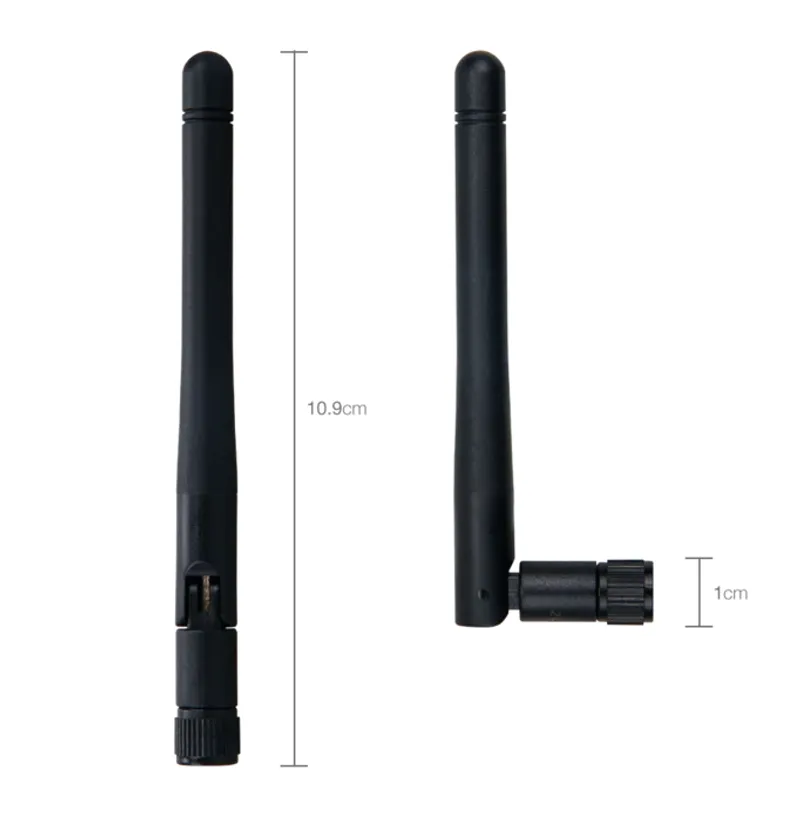 RAK Wireless LoRa SubG-Antenne 2 dBi 868MHz RP-SMA in zwei Ansichten: gerade mit 10,9 cm Höhe und abgewinkelt mit 1 cm