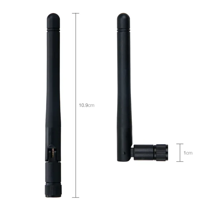 RAK Wireless LoRa SubG-Antenne 2 dBi 868MHz RP-SMA in zwei Ansichten: gerade mit 10,9 cm Höhe und abgewinkelt mit 1 cm RAK Wireless LoRa SubG-Antenne 2 dBi 868MHz RP-SMA in zwei Ansichten: gerade mit 10,9 cm Höhe und abgewinkelt mit 1 cm