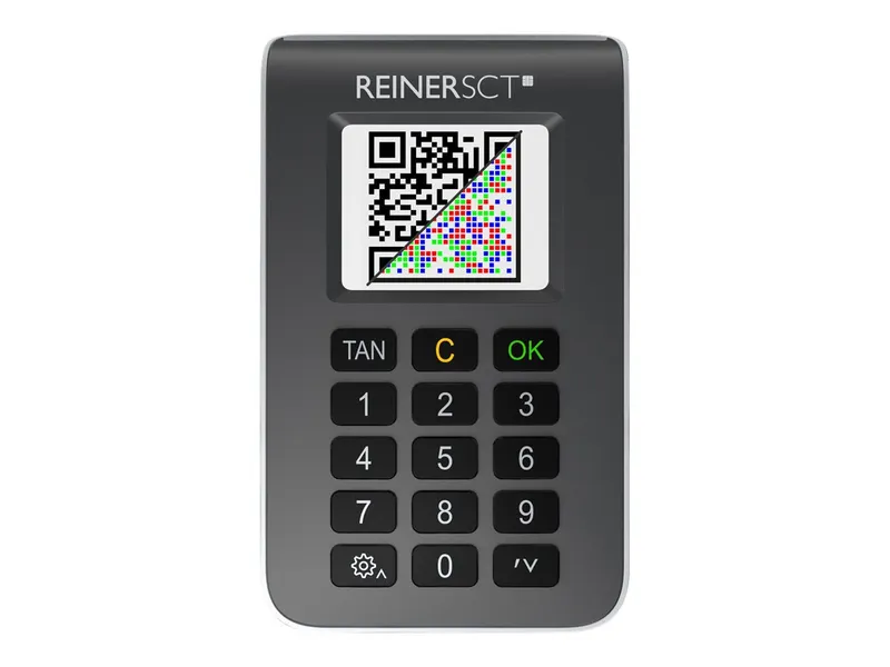 REINER SCT tanJack photo QR mit geteiltem QR-Code-Display und TAN-Tastatur für sichere Online-Transaktionen.