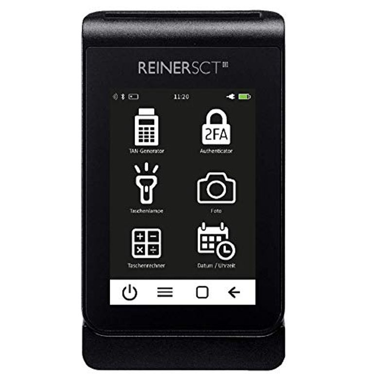 REINER SCT tanJack® deluxe, schwarzes Gerät in Dockingstation, Display mit Menü und sechs Funktionen, weißer