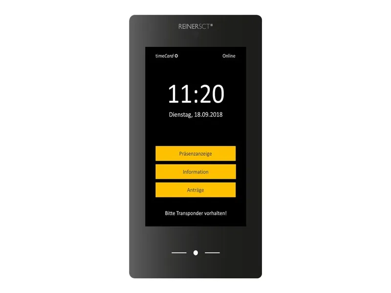 Terminal REINER SCT timeCard 3 affichant l’heure 11h20 et la date du 18 septembre 2018 avec écran actif et boutons de menu