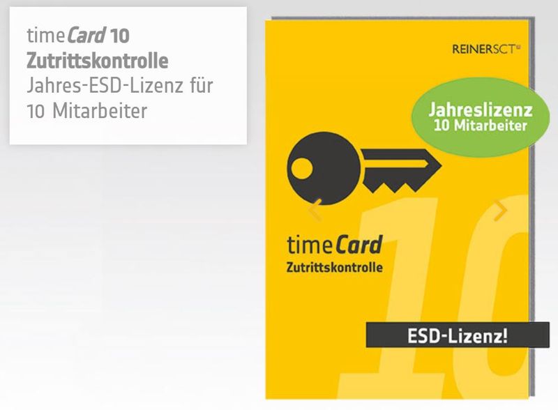 REINER SCT timeCard 10 ZuKo Basis software package with key icon, number 10 background, green license badge, and German