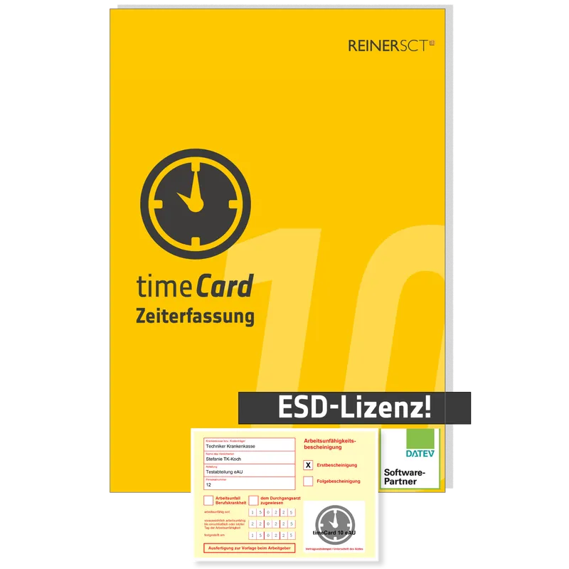 REINER SCT timeCard 10 AU 100 MA 1 Jahr Laufzeit, yellow vertical software package with dark grey clock icon and large