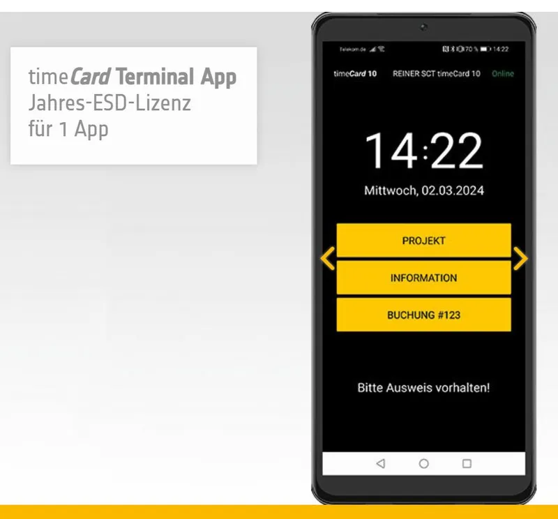 REINER SCT timeCard 10 Terminal APP, smartphone displaying app interface with time, date, and yellow buttons, white box
