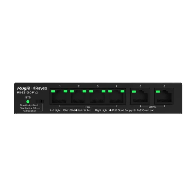 Reyee 6-Port 10/100Mbps unmanaged Desktop Switch, PoE, 54W