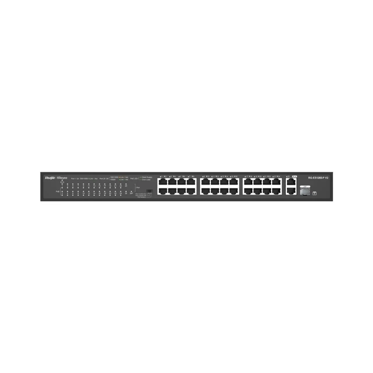 Conmutador de red Reyee RG-ES126S-P V2 de 24 puertos 10/100Mbps con 2 puertos 1Gbit, PoE 370W, vista frontal con LEDs y Conmutador de red Reyee RG-ES126S-P V2 de 24 puertos 10/100Mbps con 2 puertos 1Gbit, PoE 370W, vista frontal con LEDs y