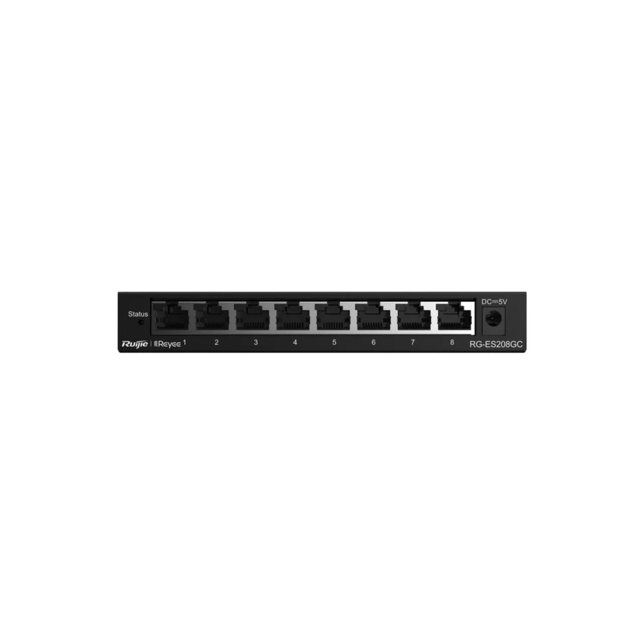 Switch Ruijie Reyee RG-ES208GC 8 porte Gigabit gestito via cloud in vista frontale nero con LED di stato e alimentazione DC