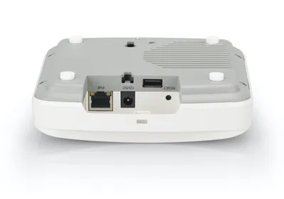 RUCKUS R350e WiFi6 indoor access point, rear view showing PoE Ethernet port, power jack, USB, and reset button on white