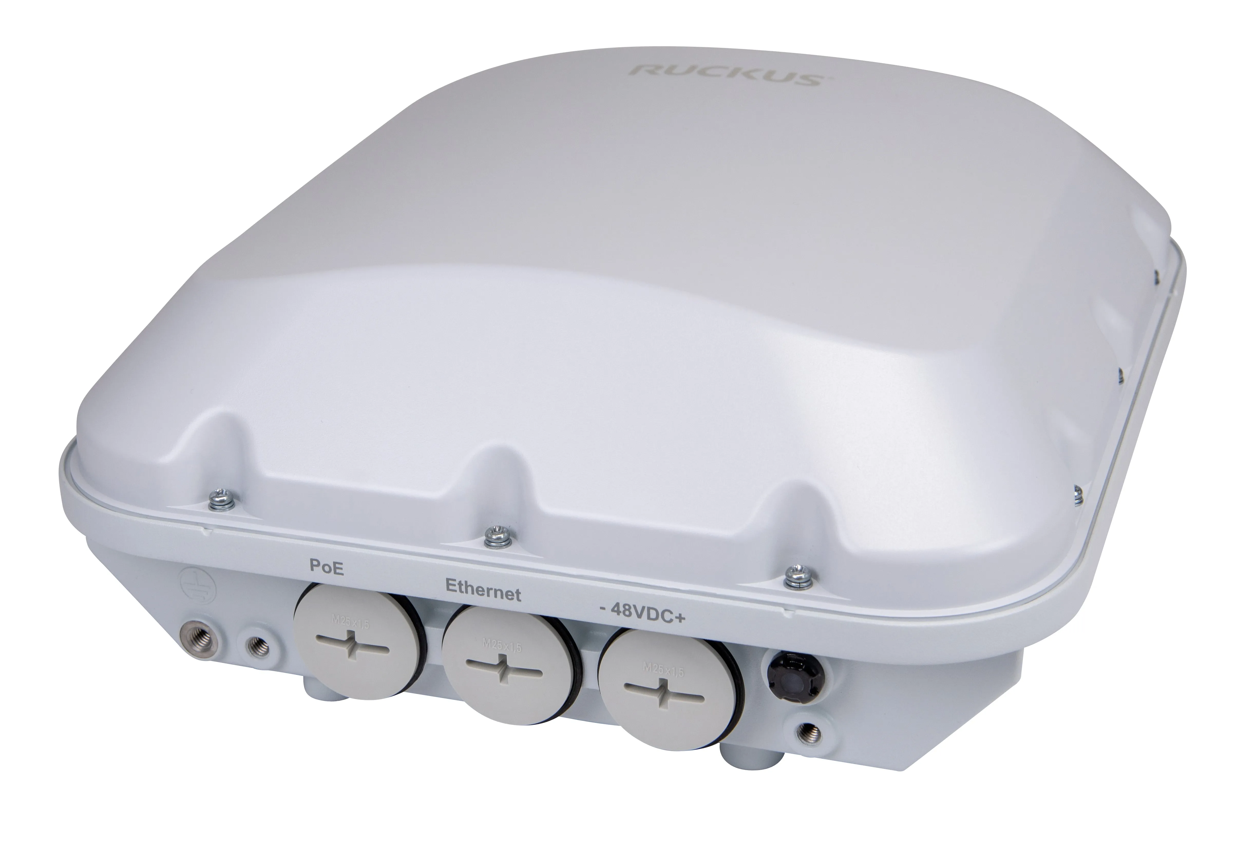 RUCKUS T670 WiFi7 outdoor access point with 5GbE, tri-band 2x2/4x4, BeamFlex+, GPS, and BLE/Zigbee shown mounted with PoE