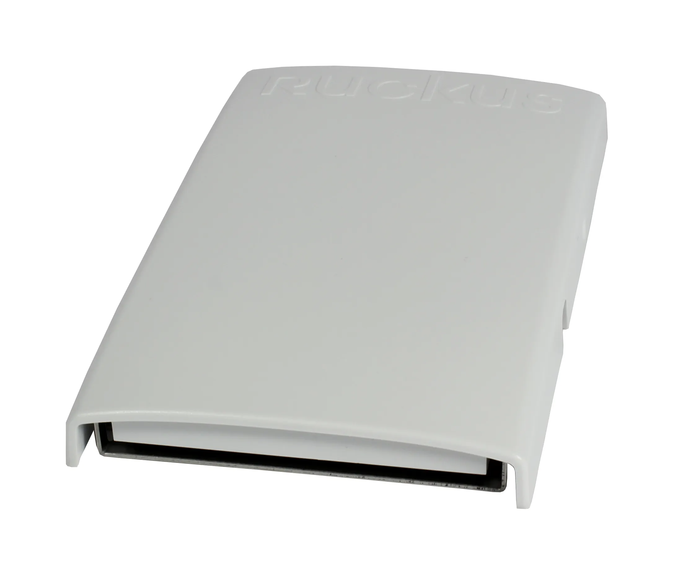 RUCKUS Networks h350/h550 fiber backpack cover, a white plastic shell with embossed branding, open bottom slot revealing RUCKUS Networks h350/h550 fiber backpack cover, a white plastic shell with embossed branding, open bottom slot revealing
