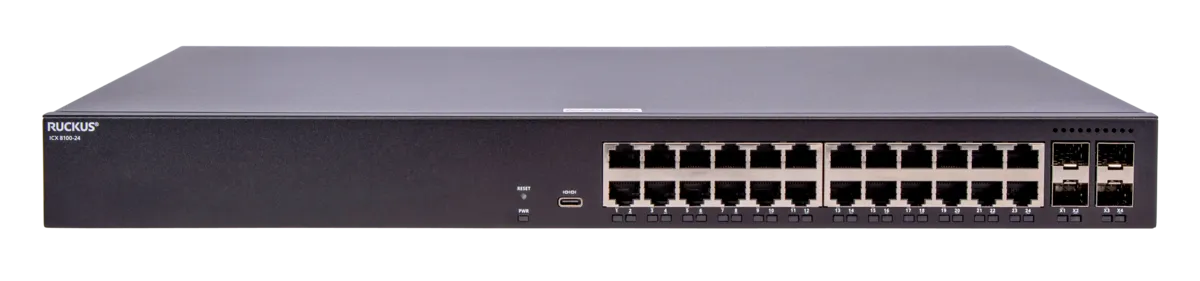 RUCKUS ICX8100-24 Layer-2-Switch mit 24x 1 GbE und 4x 1/10G SFP-Ports, Frontansicht mit Status-LEDs und USB-C-Konsole. RUCKUS ICX8100-24 Layer-2-Switch mit 24x 1 GbE und 4x 1/10G SFP-Ports, Frontansicht mit Status-LEDs und USB-C-Konsole.