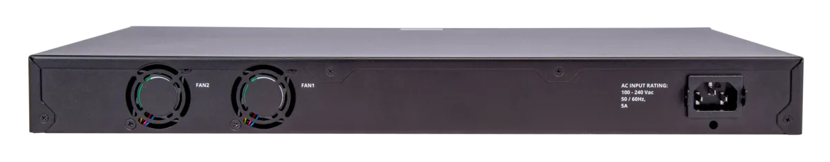 Conmutador RUCKUS ICX8100-24P PoE gestionado de 26 puertos con ventiladores FAN1 y FAN2 visibles y entrada de alimentación