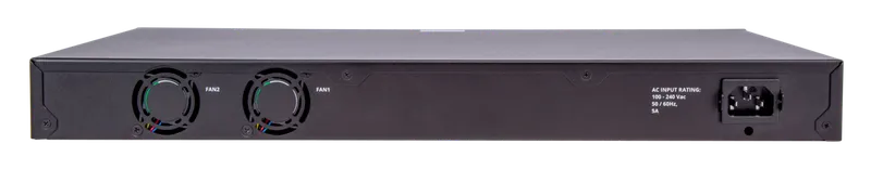 Conmutador RUCKUS ICX8100-24P PoE gestionado de 26 puertos con ventiladores FAN1 y FAN2 visibles y entrada de alimentación