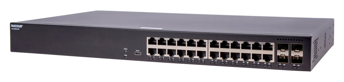Conmutador RUCKUS ICX8180-24P PoE gestionado de 26 puertos con 24x 1GbE, 4x SFP 1/10G y 370W de presupuesto PoE, vista