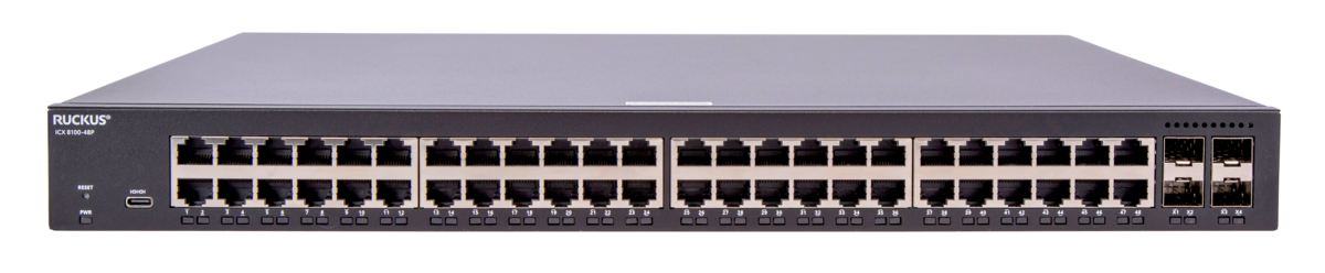 RUCKUS Networks poe switch full managed layer2 52 port • 48x 1 gbe • 4x 1/10g sfp • 370w poe budget • icx8100-48p