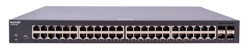 RUCKUS Networks poe switch full managed layer2 52 port • 48x 1 gbe • 4x 1/10g sfp • 370w poe budget • icx8100-48p