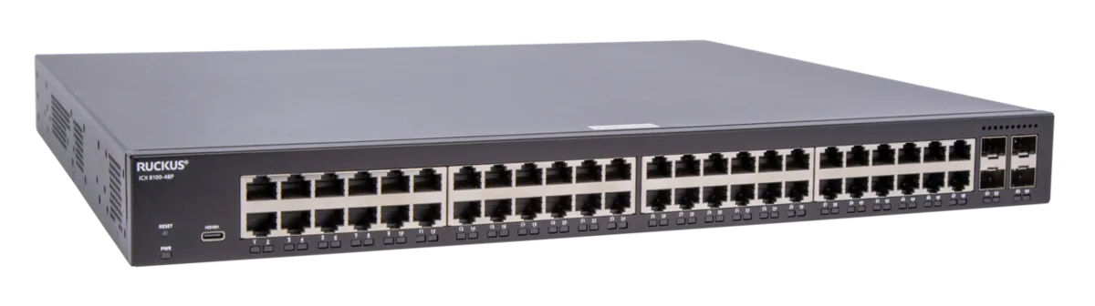 RUCKUS Networks poe switch full managed layer2 52 port • 48x 1 gbe • 4x 1/10g sfp • 370w poe budget • icx8100-48p RUCKUS Networks poe switch full managed layer2 52 port • 48x 1 gbe • 4x 1/10g sfp • 370w poe budget • icx8100-48p