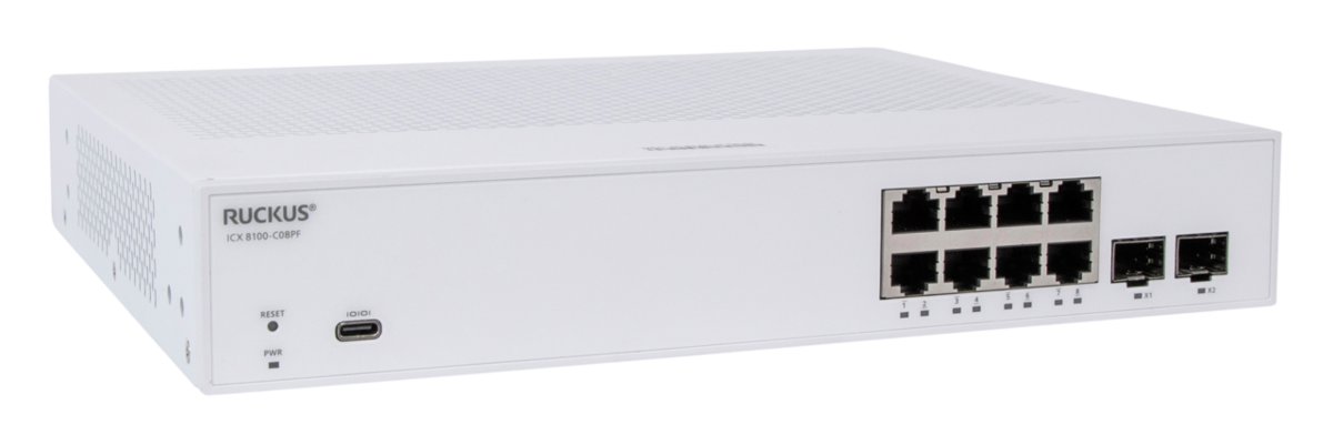 RUCKUS Networks poe switch full managed layer2 10 port • 8x 1 gbe • 2x 1/10g sfp • 124w poe budget • icx8100-08p