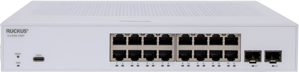 RUCKUS Networks switch full managed layer2 18 port • 16x 1 gbe poe+ • 2x 10g sfp+ • advanced layer 2 • poe budget 124 w • icx8100-c16p-x