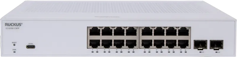 RUCKUS Networks switch full managed layer2 18 port • 16x 1 gbe poe+ • 2x 10g sfp+ • advanced layer 2 • poe budget 124 w • icx8100-c16p-x