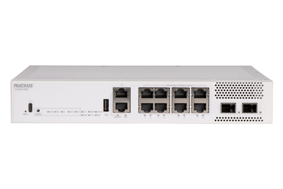 RUCKUS Networks switch full managed layer3 pro av 10 port • 8x 1 gbe • poe budget 124 w • 8x poe at • 2x sfp+ • desktop • icx8200-c08pfv