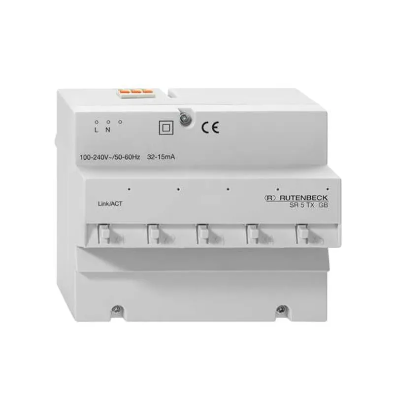 Switch Rutenbeck para montaje REG/DIN, 5 puertos RJ45 con indicadores LED y clip de bloqueo naranja, vista frontal tres