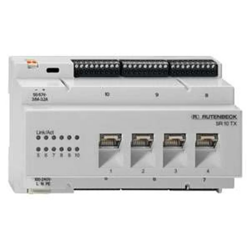 Switch industrial Rutenbeck con puertos RJ45 y terminales de tornillo, montaje REG/DIN, vista frontal con indicadores LED.