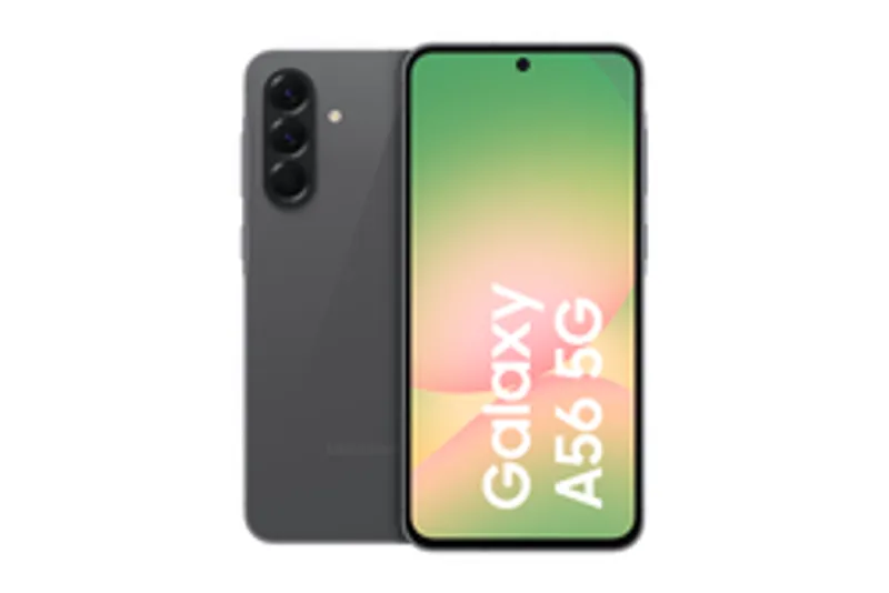 Smartphone Samsung Galaxy A56 128GB EE in grafite con tripla fotocamera posteriore e schermo attivo su sfondo gradiente