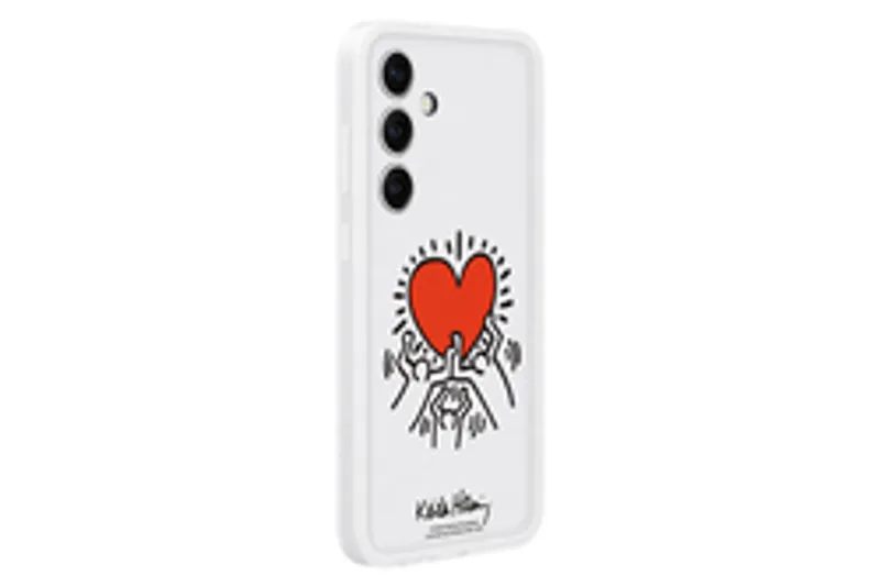 Samsung Flipsuit Case für Galaxy S24+ in Weiß mit rotem Herz-Design und Handillustrationen auf der Rückseite.