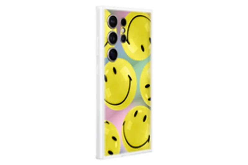 Samsung Flipsuit Case für Galaxy S24 Ultra in Gelb mit weißer Hülle und gelbem Klappcover mit großen Smiley-Gesichtern.