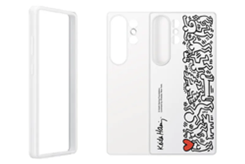 Samsung Flipsuit Case für Galaxy S25 Ultra in Weiß mit Keith Haring-Doodle und rotem Herz auf der Rückseite aus zwei