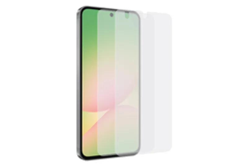 Samsung Galaxy A56 Display-Schutzfolie, zwei transparente Folien schwebend vor Smartphone mit buntem Bildschirm in