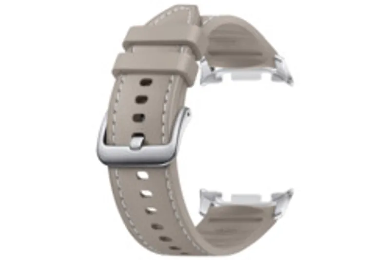 Samsung Hybrid watch strap in taupe for Watch8/Watch8 Classic, curved leather-like band with white stitching, silver
