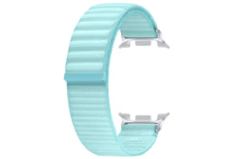 Samsung Fabric(S/M) for Watch8 Classic Mint, mint green ribbed watch strap with silver connectors curved on white background.