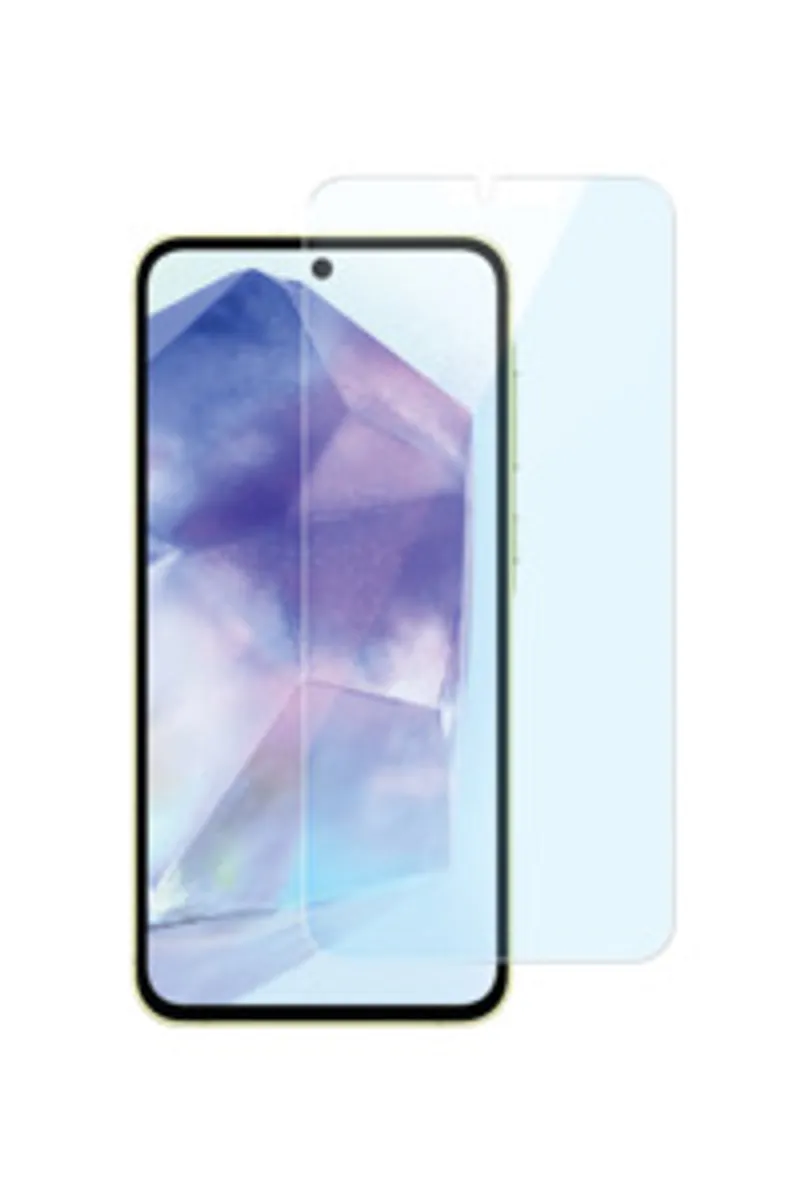 Mobeen Panzerglas für Galaxy A56 5G transparent leicht versetzt über Smartphone mit lila-blauem geometrischem Display und