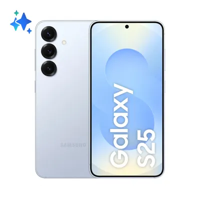 Samsung Galaxy S25 256GB azzurro chiaro 6.2" 5G con retro a tre fotocamere e schermo frontale su sfondo gradiente blu e