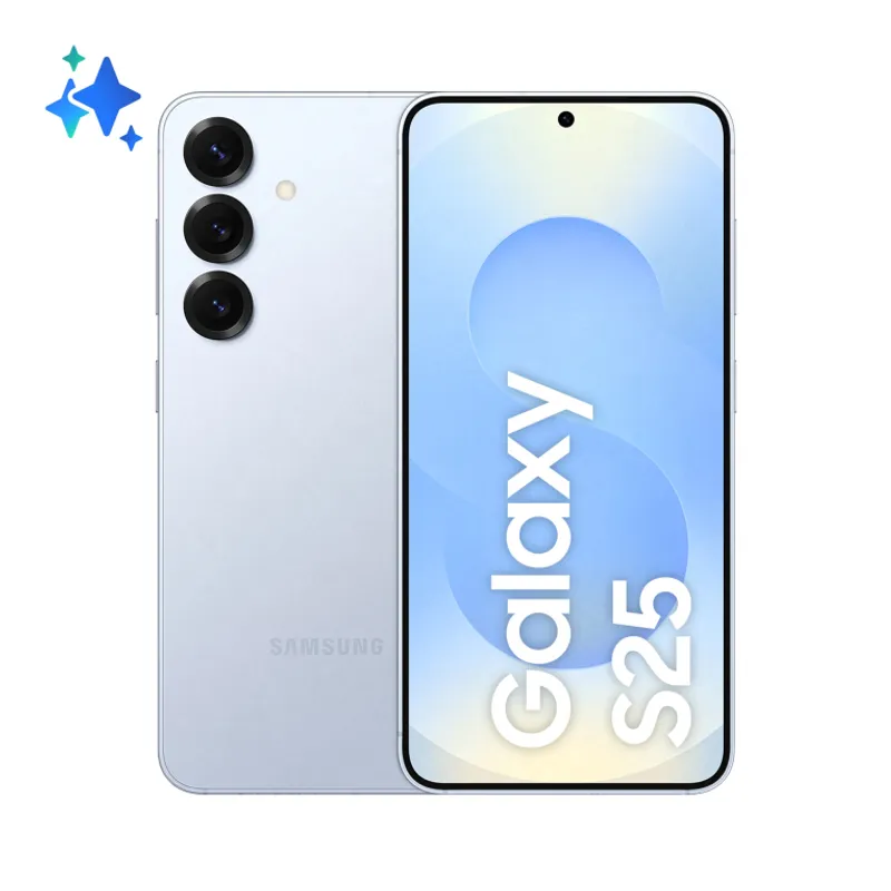 Samsung Galaxy S25 256GB azzurro chiaro 6.2" 5G con retro a tre fotocamere e schermo frontale su sfondo gradiente blu e