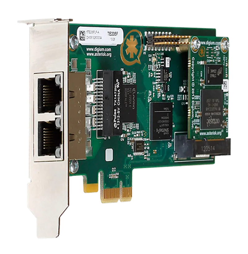 Sangoma 2-Port T1/E1/J1/PRI PCI-Express-Karte mit grünem PCB, zwei RJ45-Ports, Tochterkarte und PCIe-x1-Anschluss für