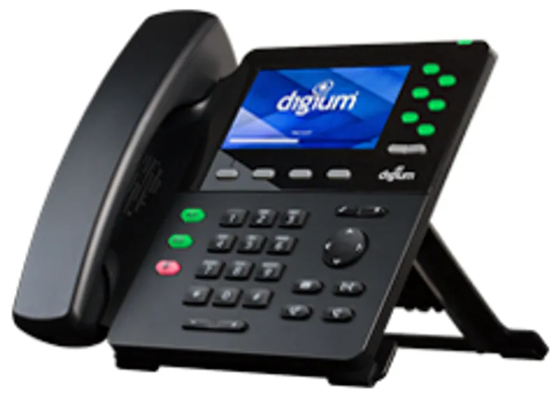 Telefono SIP Sangoma D65 con display a colori 4,3 pollici, logo Digium, tastierino numerico, tasti funzione e LED verdi per