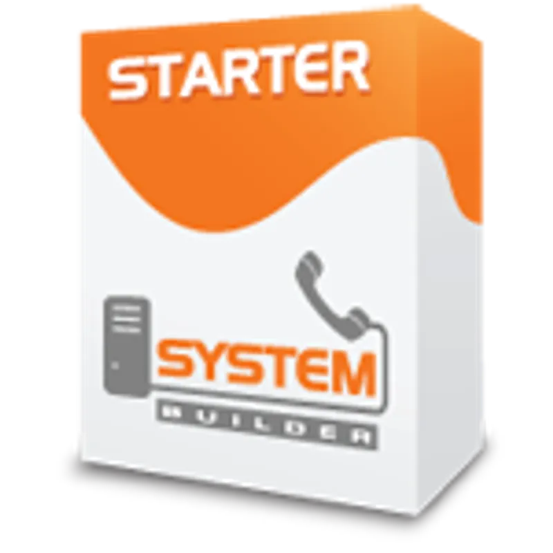 Sangoma FreePBX Starter Bundle 3D-Box mit oranger STARTER-Beschriftung oben und weißem SYSTEM BUILDER-Bereich mit Server-