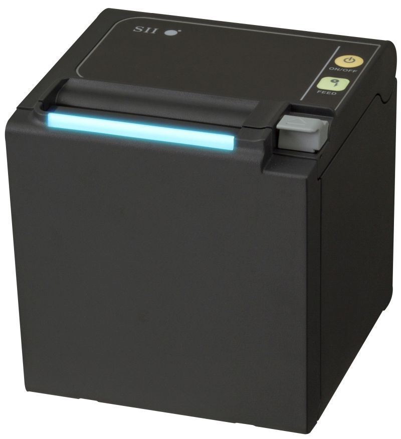 Seiko RP-E10 receipt printer, black boxy design with blue glowing paper exit slot, SII logo and control buttons visible