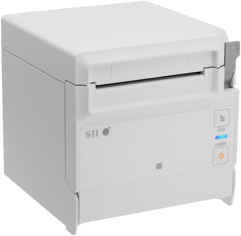 Seiko RP-F10 receipt printer, white compact device shown from high three-quarter angle with paper output slot, grey release